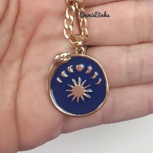 LAST 1 New Gold Plated Ouroboros Moon Phase Enamel Pendant Necklace - Gold Blue